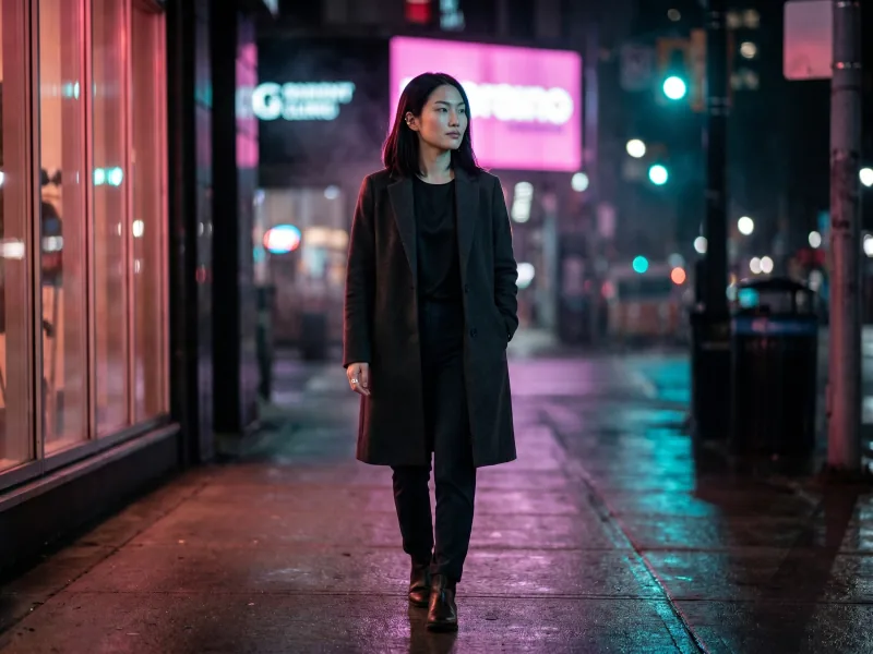 Woman walking through a neon-lit city street at night